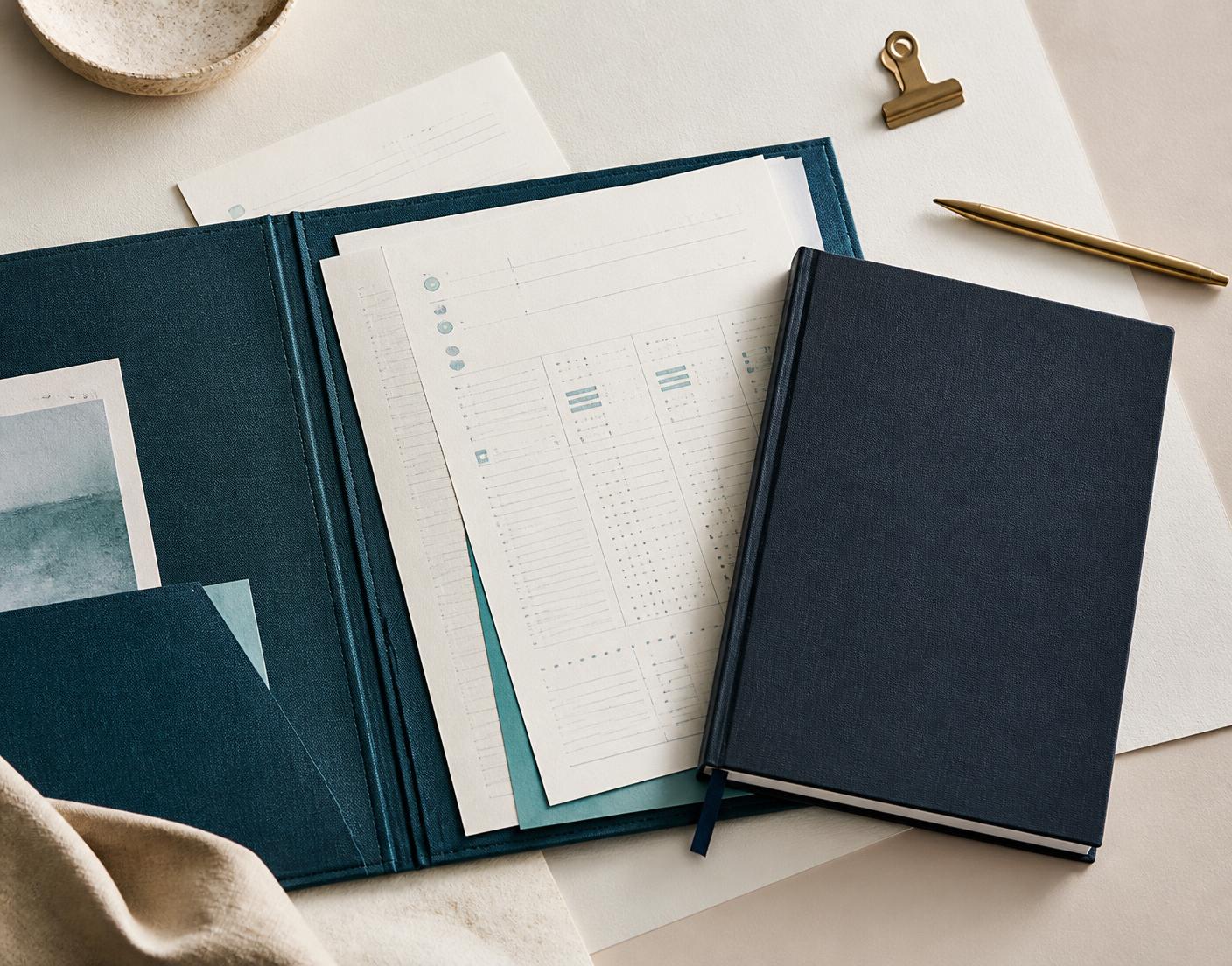 Deep teal career folder with organized tracking worksheets and a navy workbook